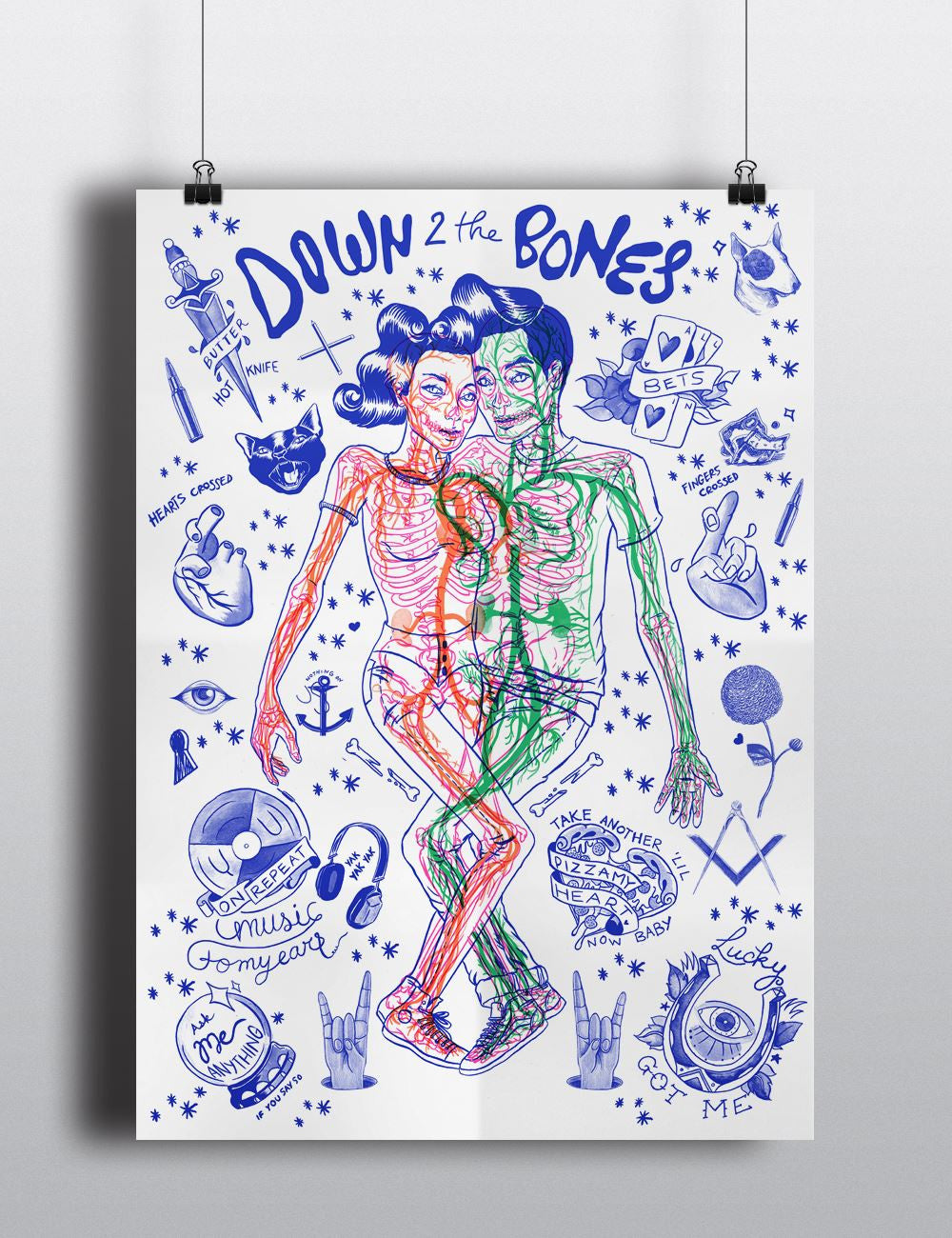 Down to the bones Risograph print - meaniemart, pins, patches